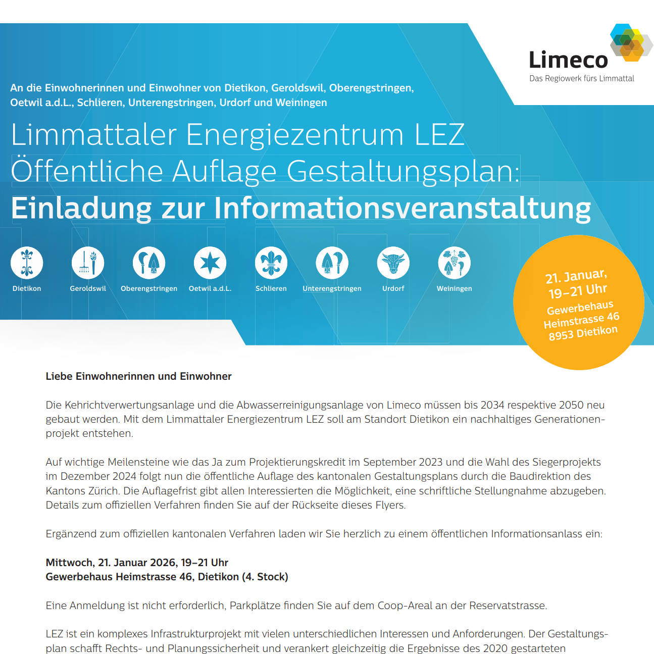 Informationsveranstaltung: Limmattaler Energiezentrum LEZ